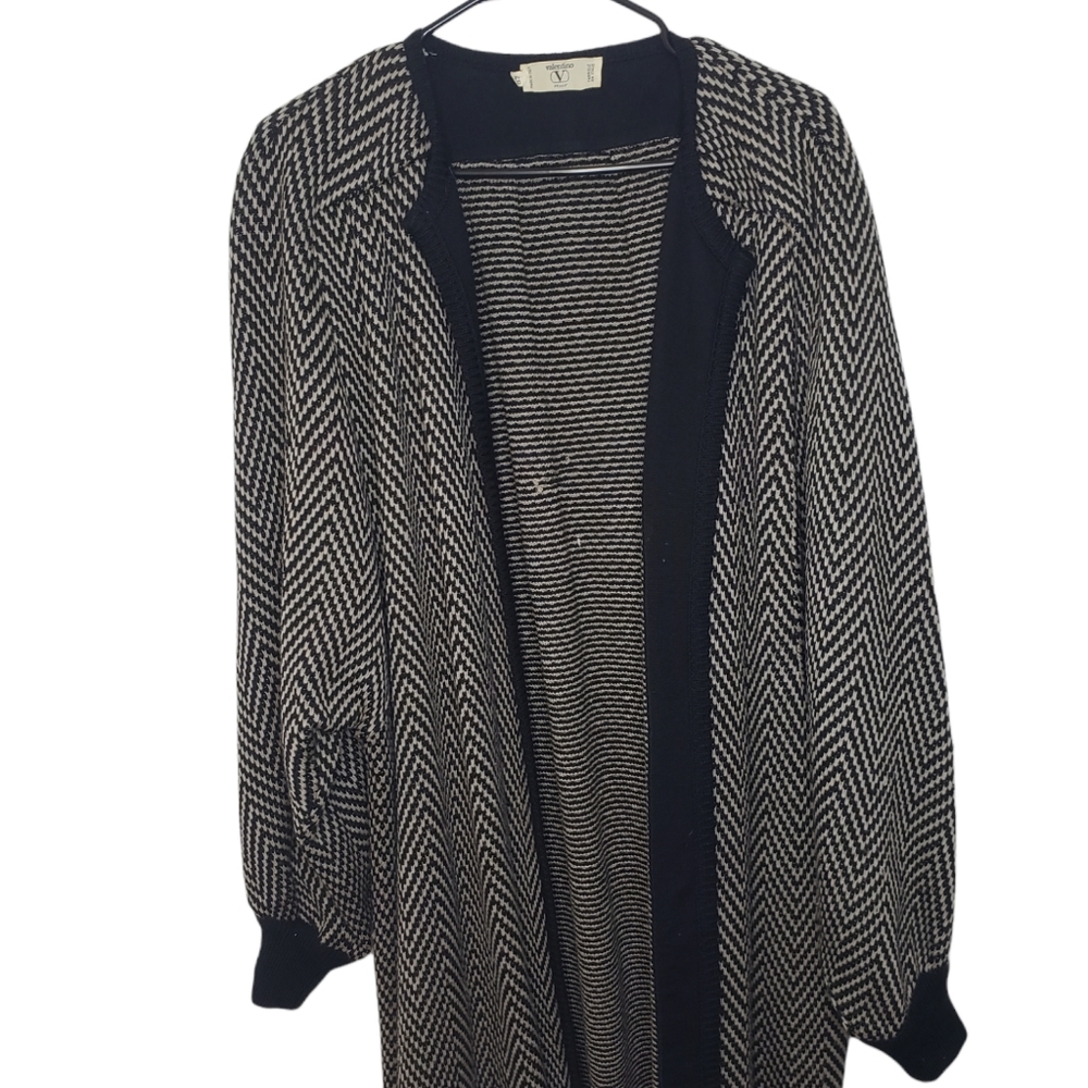 VINTAGE Valentino wool open front cardigan black and white herringbone M